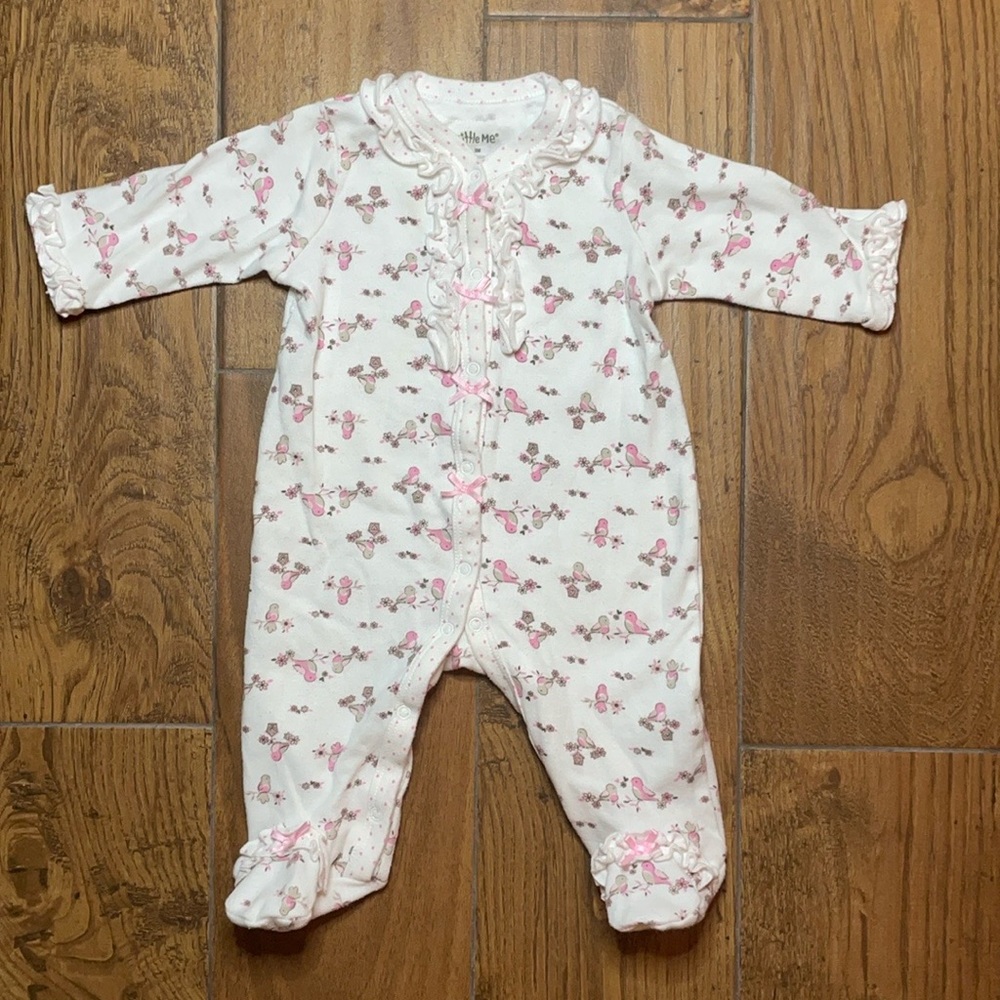 Little Me | Long Sleeve Footed One-Piece | Bird & Flower | Infant Girls | 3 M